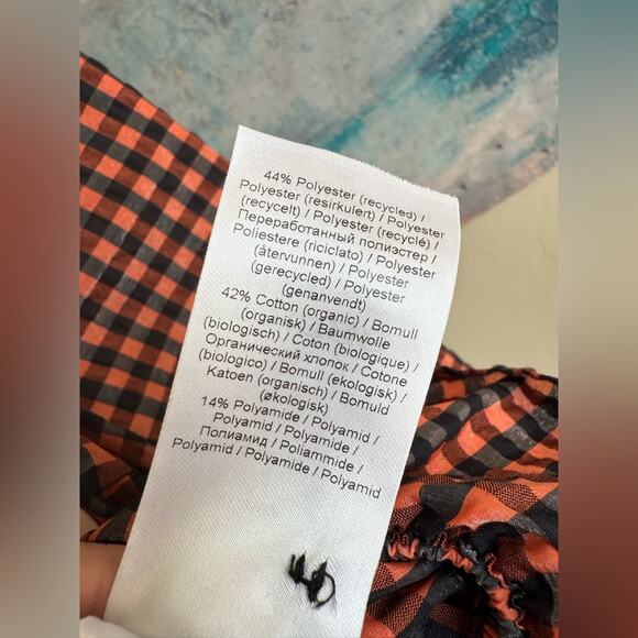 Ganni Ruffled Seersucker Button Neck Open Back Blouse Top Flame Check Women’s 32 - Picture 9 of 9